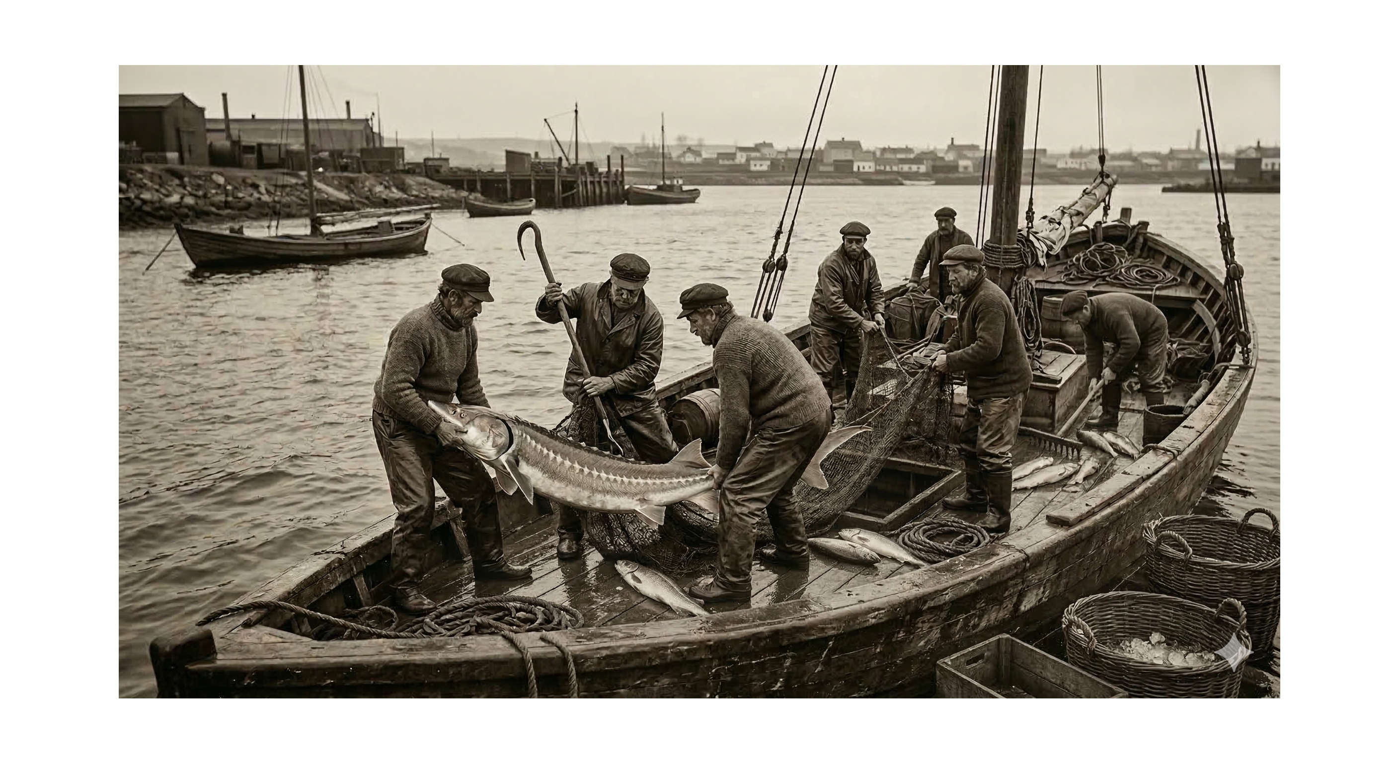 Fishermen harvesting sturgeon
