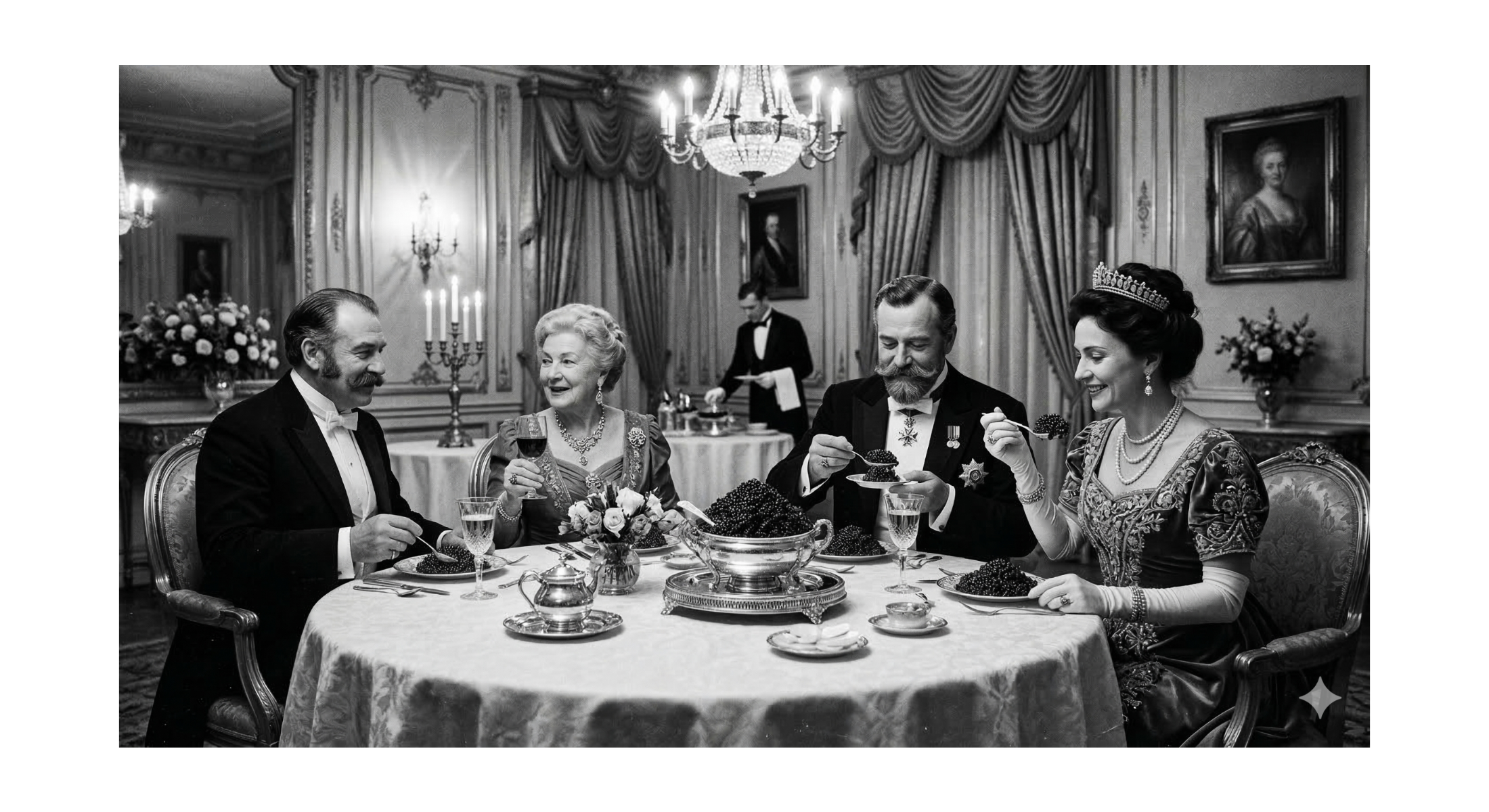 Vintage caviar dining scene
