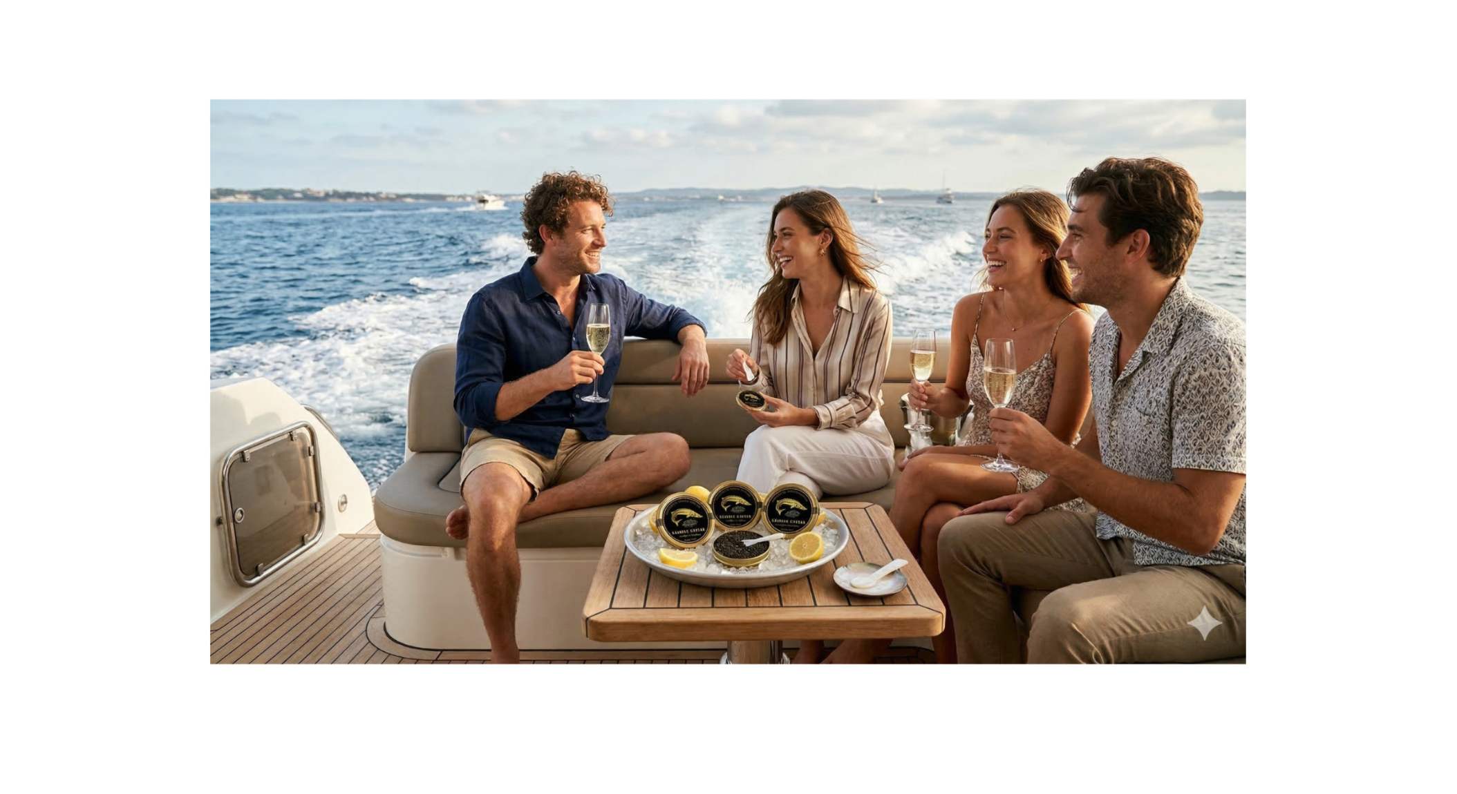 Couple enjoying caviar yacht
